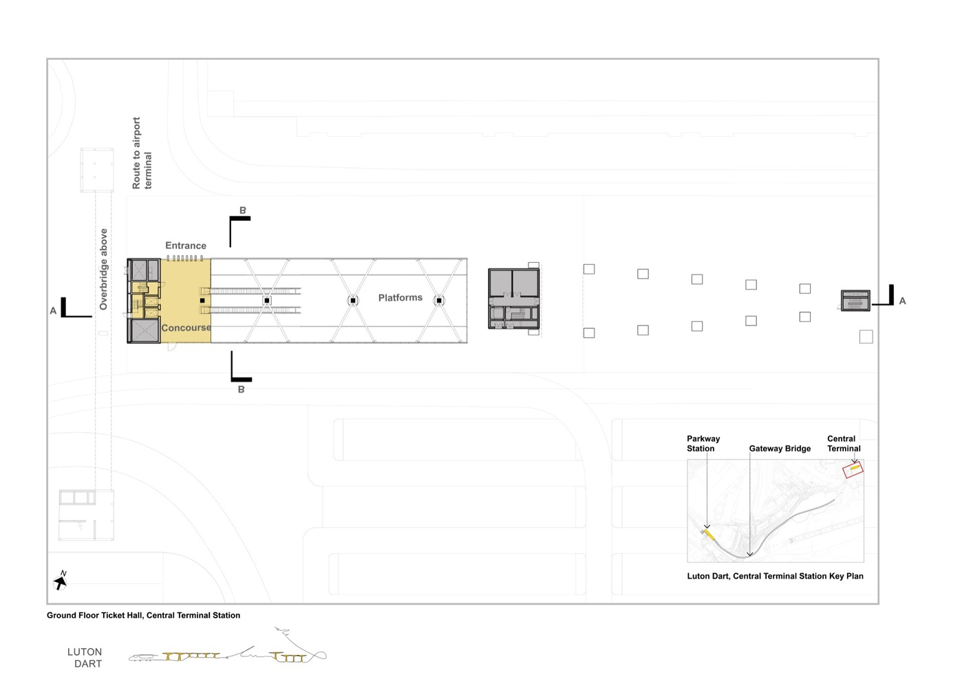 Ground floor plan drawing showing ticket hall with concourse and linear platform arrangement