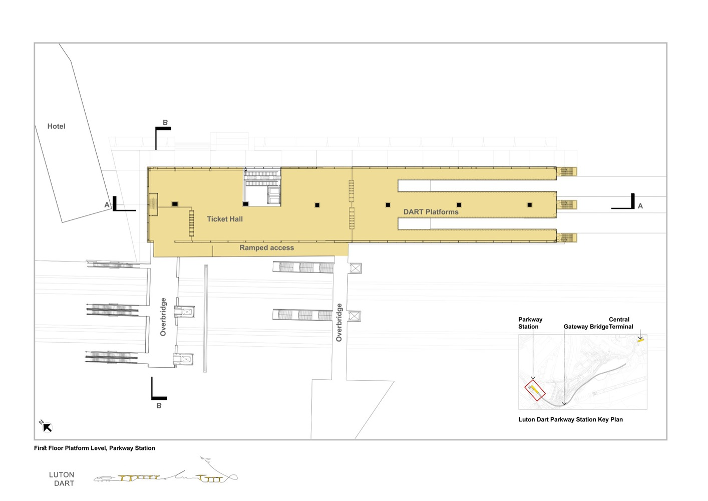 First floor platform level plan drawing showing ticket hall with ramped access to platforms