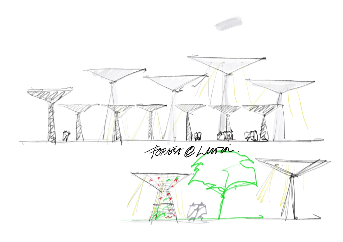 Conceptual sketch showing elevated triangular canopy structures supported on columns with annotated vegetation below