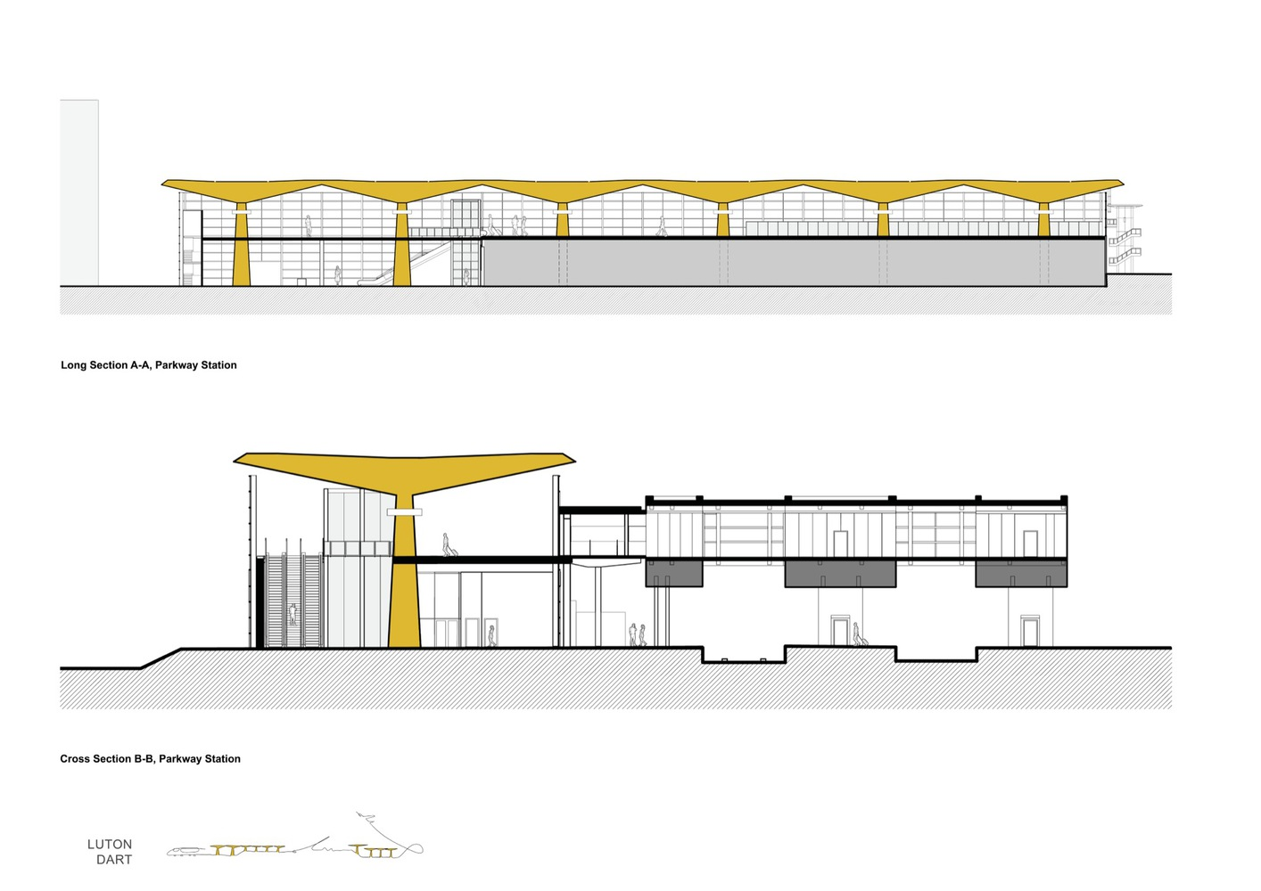 Section drawings showing the undulating yellow canopy roof over the platform with supporting column detail