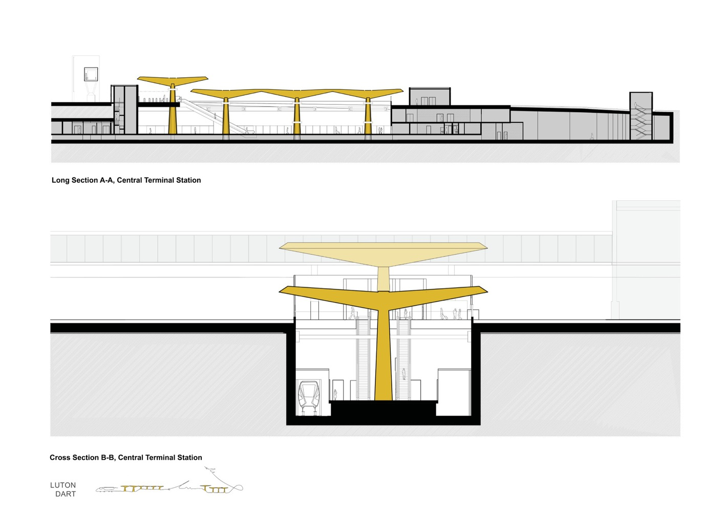 Long section and cross section drawings depicting the layered yellow canopy above underground station spaces