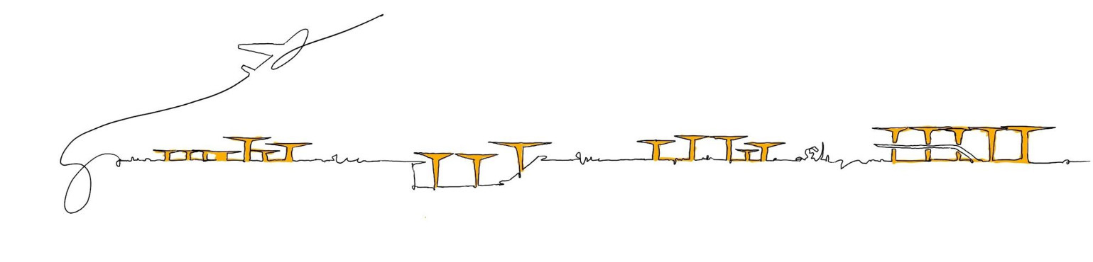 Elevation sketch showing the rhythmic sequence of yellow canopy structures along an airfield with airplane