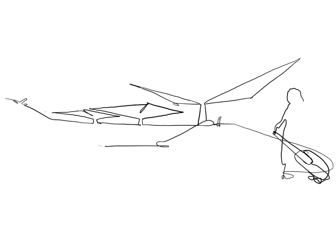 Line drawing of the canopy structure in perspective with a traveler pulling luggage