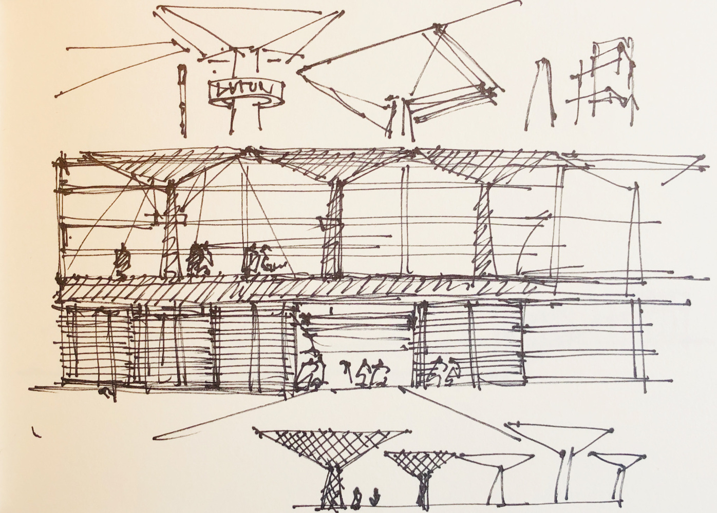 Sectional sketch showing a two-level structure with exposed trusses and detail studies of canopy connections above