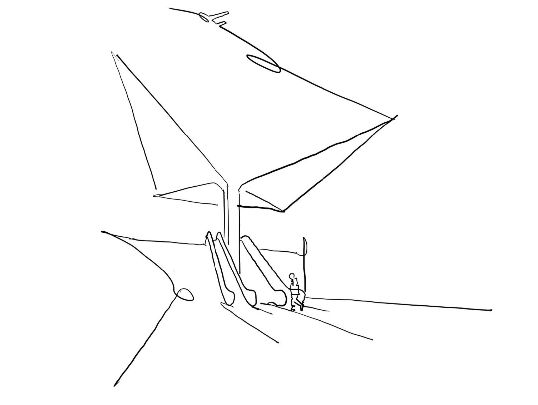 Line drawing of a canopy structure with branching supports sheltering a figure below