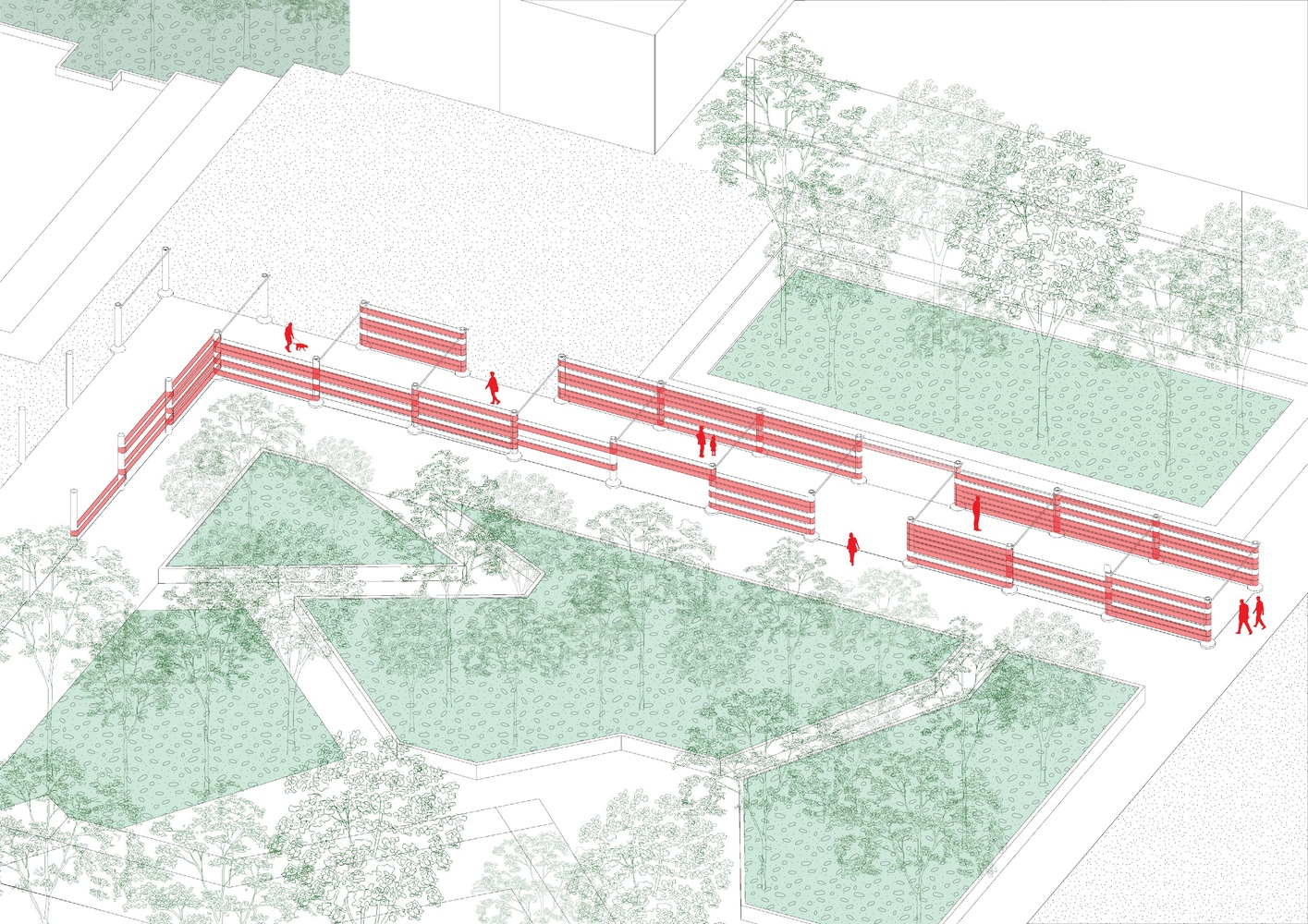 Axonometric drawing depicting elevated walkway with people crossing through landscaped terrain with trees and ponds
