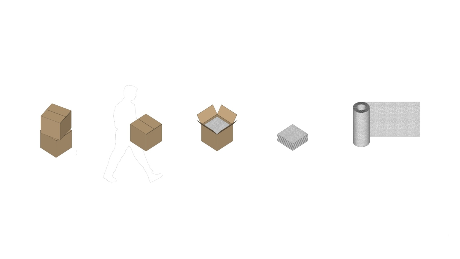 Axonometric diagram showing modular cardboard boxes transforming into concrete blocks and rolled material sheets