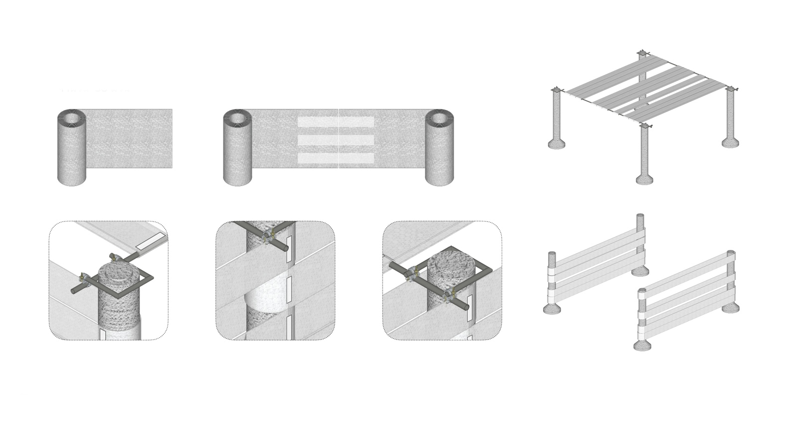 Assembly diagram illustrating rolled panels unfolding into a column-supported canopy structure with detail callouts