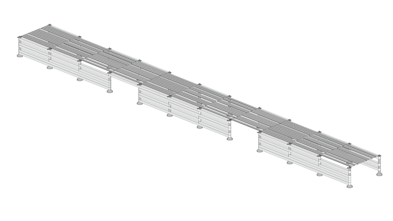 Isometric drawing of a long linear canopy with corrugated roof panels supported by cylindrical columns