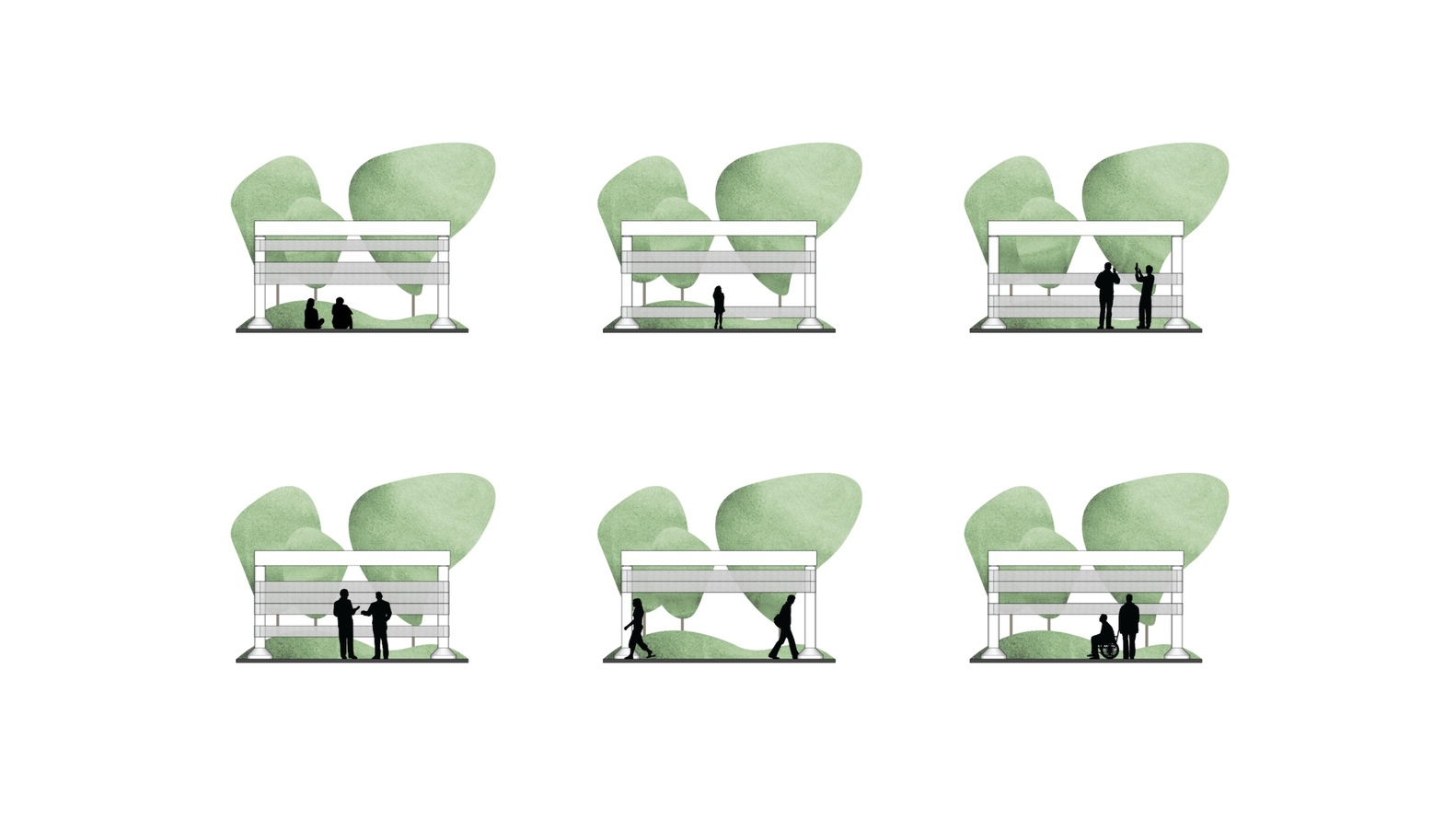 Section drawings showing six variations of a pavilion with silhouetted figures and green tree canopies