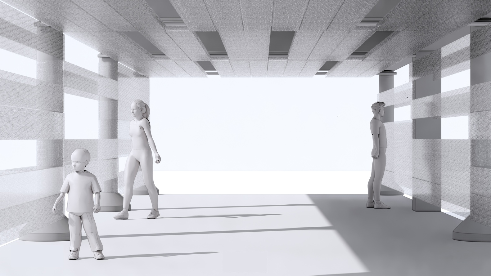 Interior rendering of white perforated walls and ceiling panels with three figures in bright sunlight