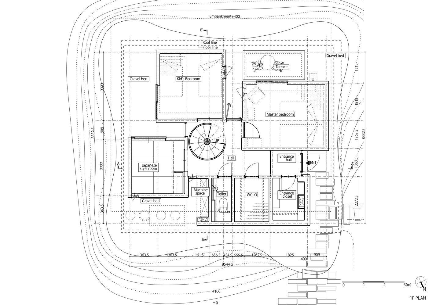 First floor plan drawing showing bedroom clusters arranged around a central spiral stair and contour lines