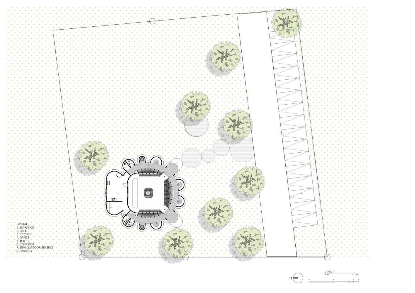 Site plan drawing showing the organic building form with surrounding trees and adjacent linear structure