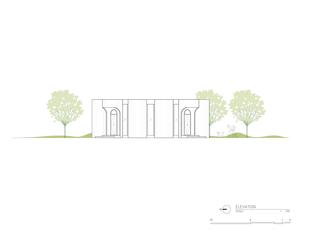 Elevation drawing showing a symmetrical facade with arched openings flanked by trees and landscaping