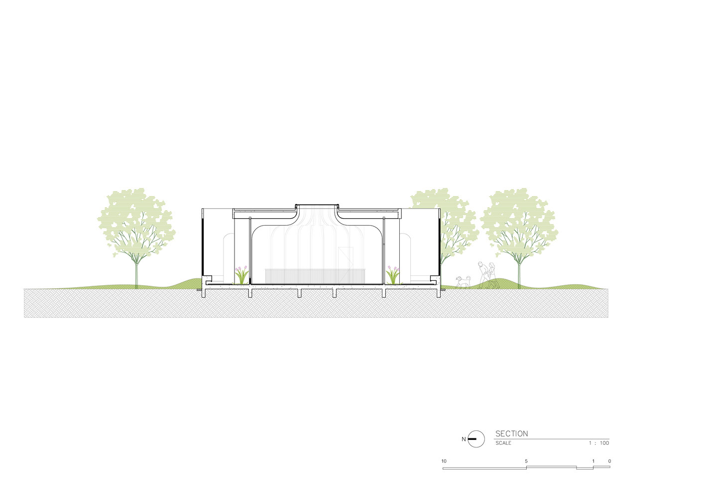 Section drawing revealing interior courtyard with curved ceiling vaults and central planted area