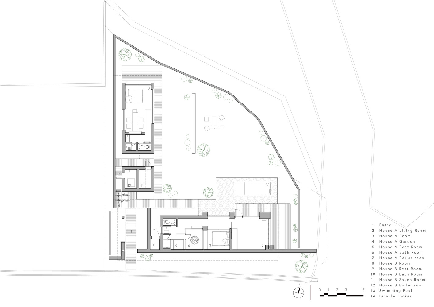 Ground floor plan showing two residential buildings around a central courtyard on an angled site