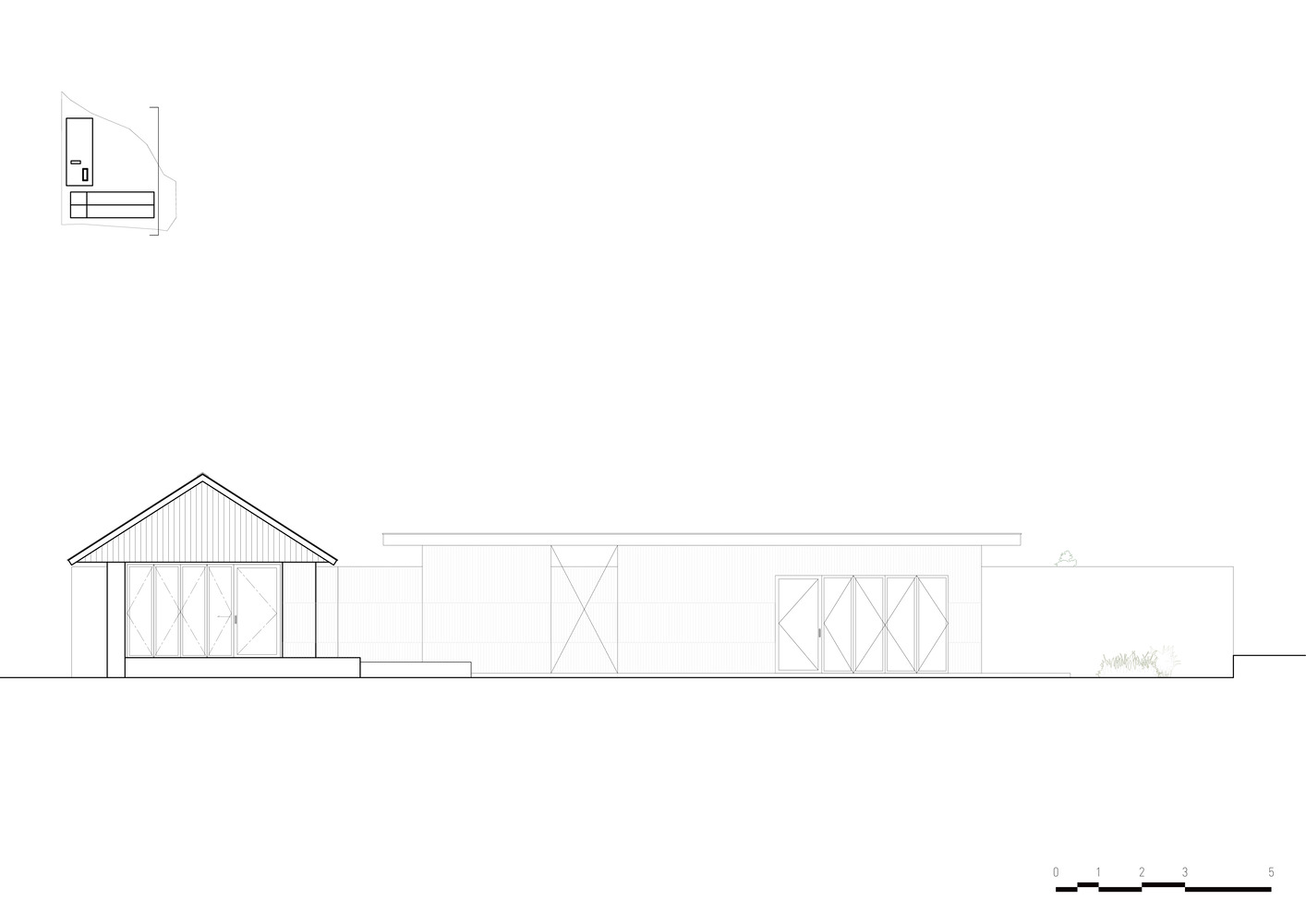 Elevation drawing showing a gabled volume connected to a flat-roofed wing with vertical cladding