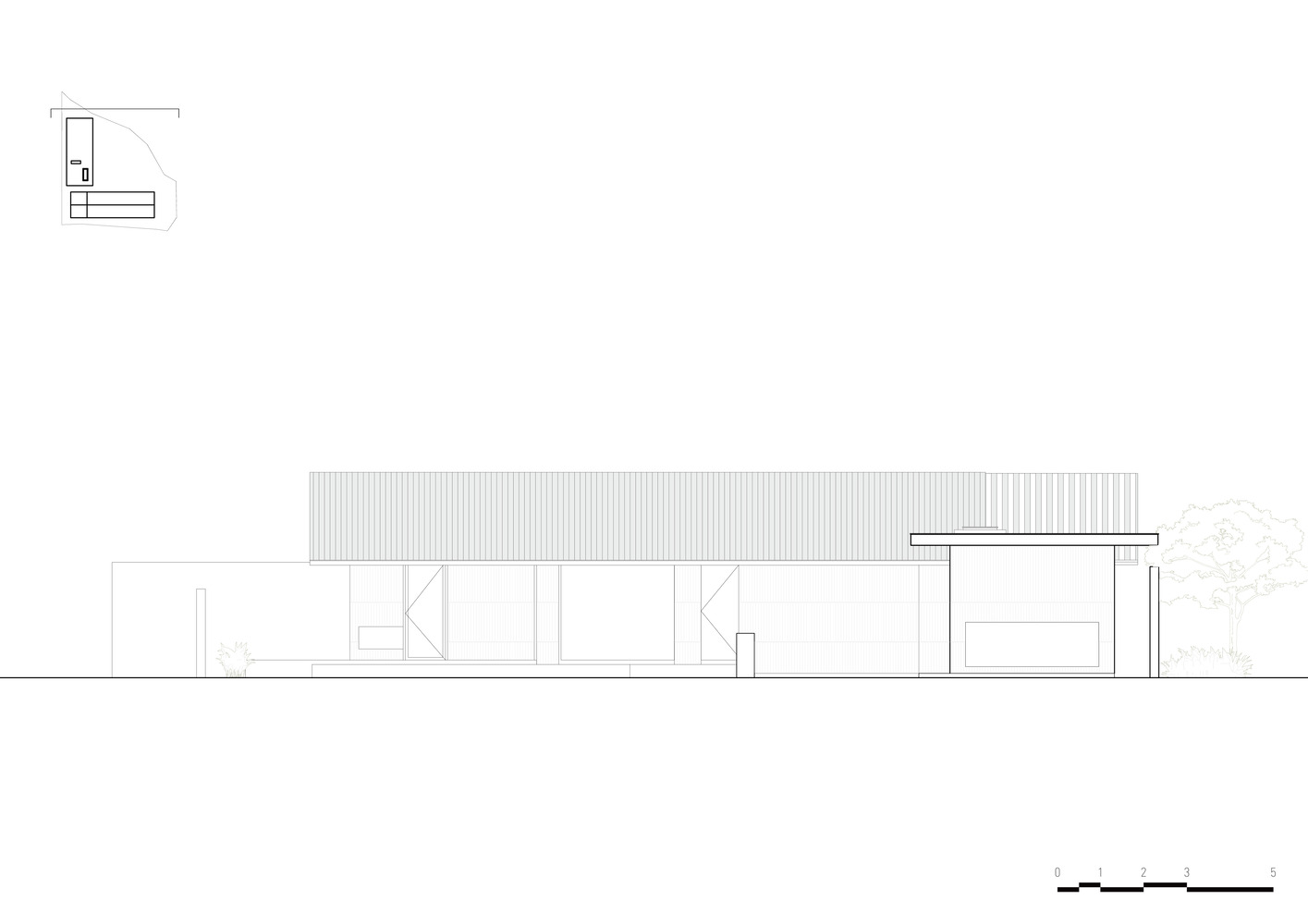 Elevation drawing showing a horizontal volume with corrugated metal cladding and a single tree