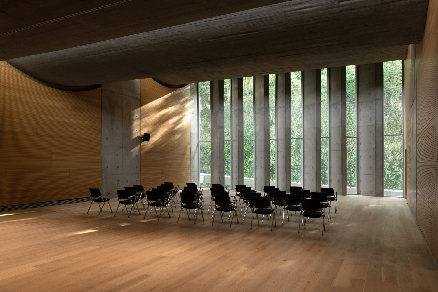 Assembly hall with timber walls and vertical glazing strips casting diagonal sunlight across rows of black chairs