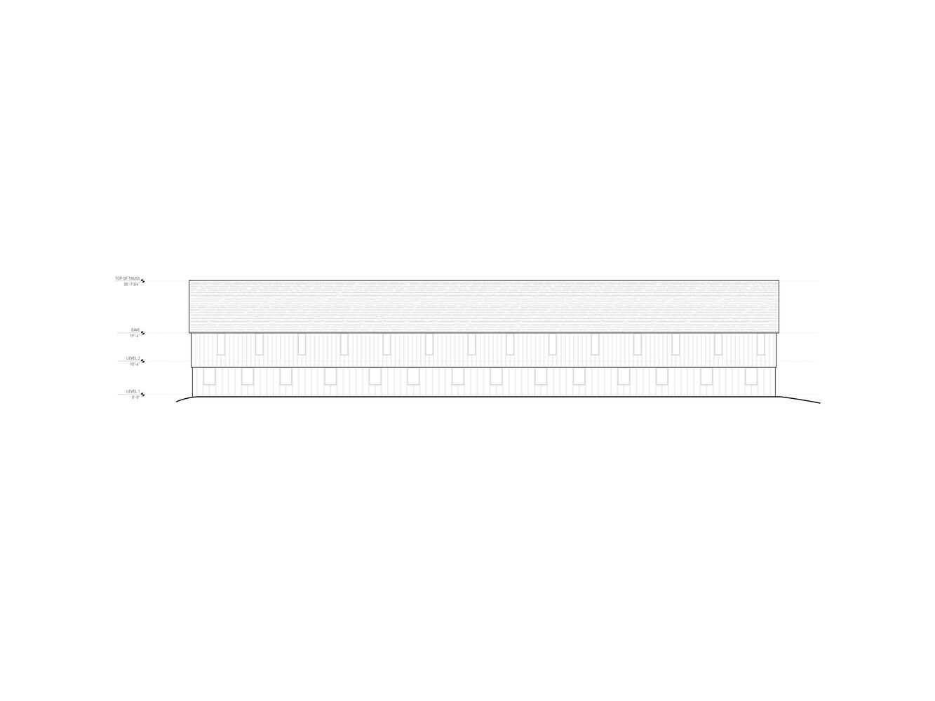 Elevation drawing depicting a long linear building with repeated vertical window openings and gabled roof