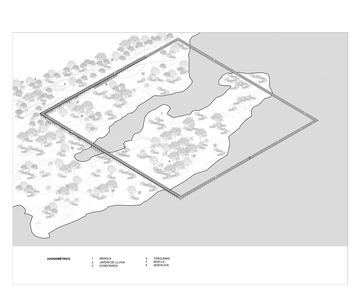 Axonometric drawing showing rectangular boardwalk system threading through wetland vegetation with labeled program zones