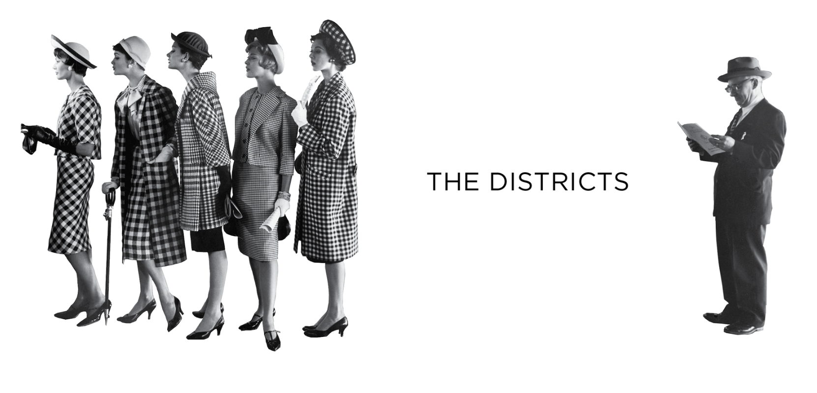 Illustrated collage showing five women in patterned coats facing a man reviewing documents