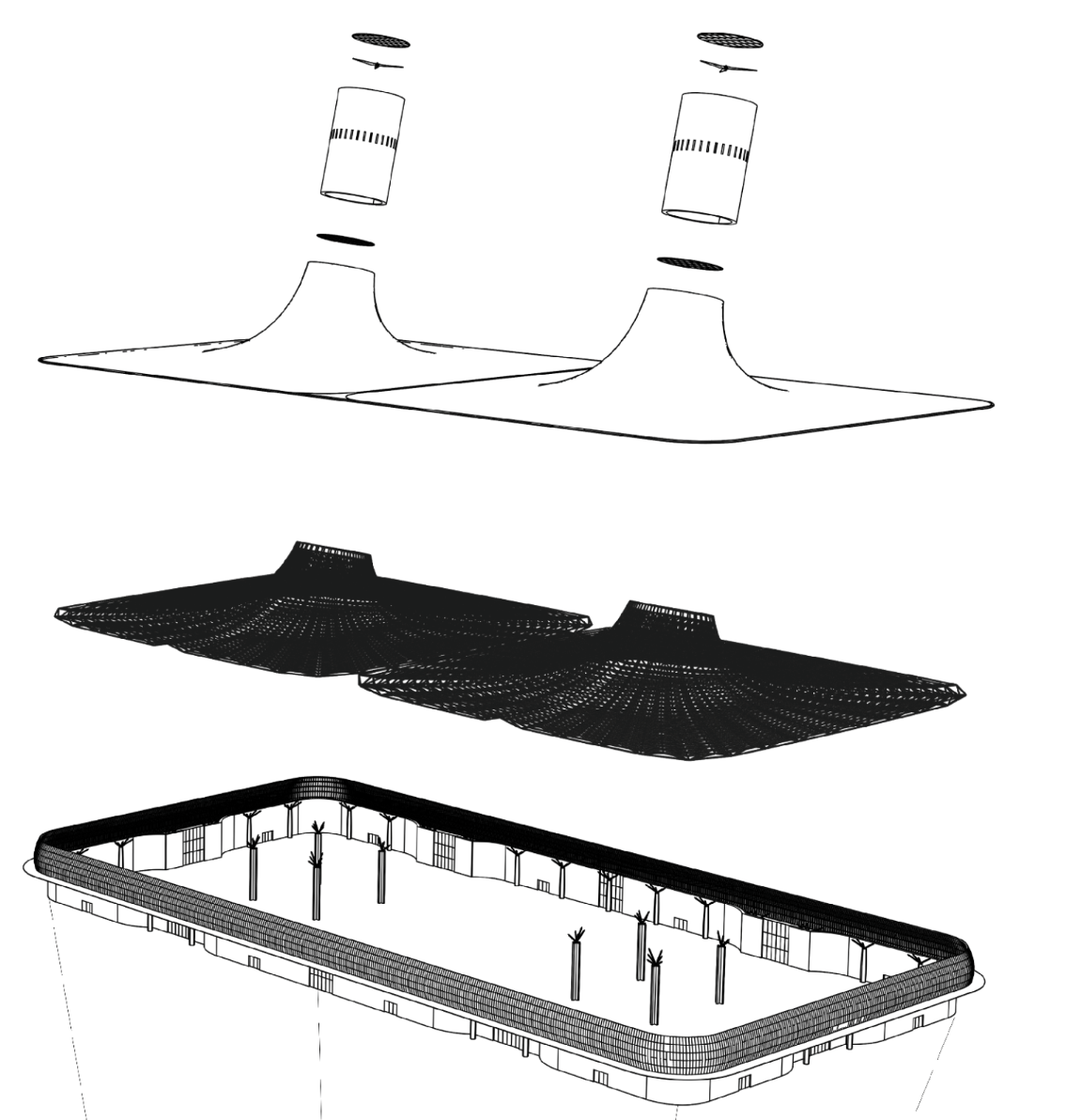 Exploded axonometric drawing showing roof layers, structural shell, and interior frame separated vertically