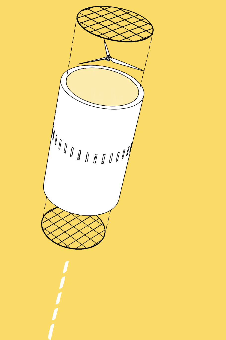 Axonometric drawing of a cylindrical volume with hatched disc elements at top and bottom