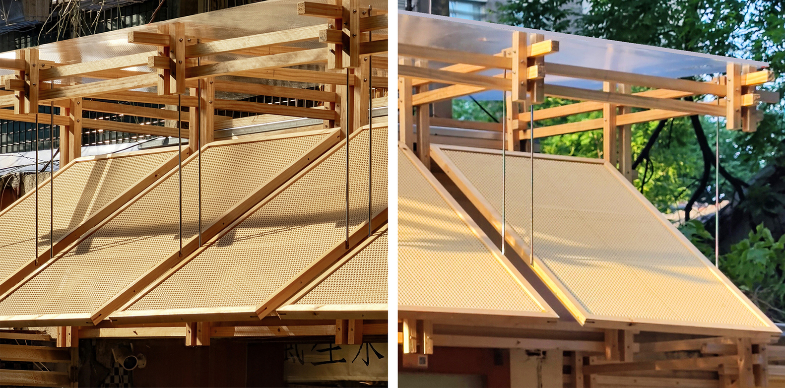Detail of the timber frame and tensioned fabric panels forming the angled canopy roof elements
