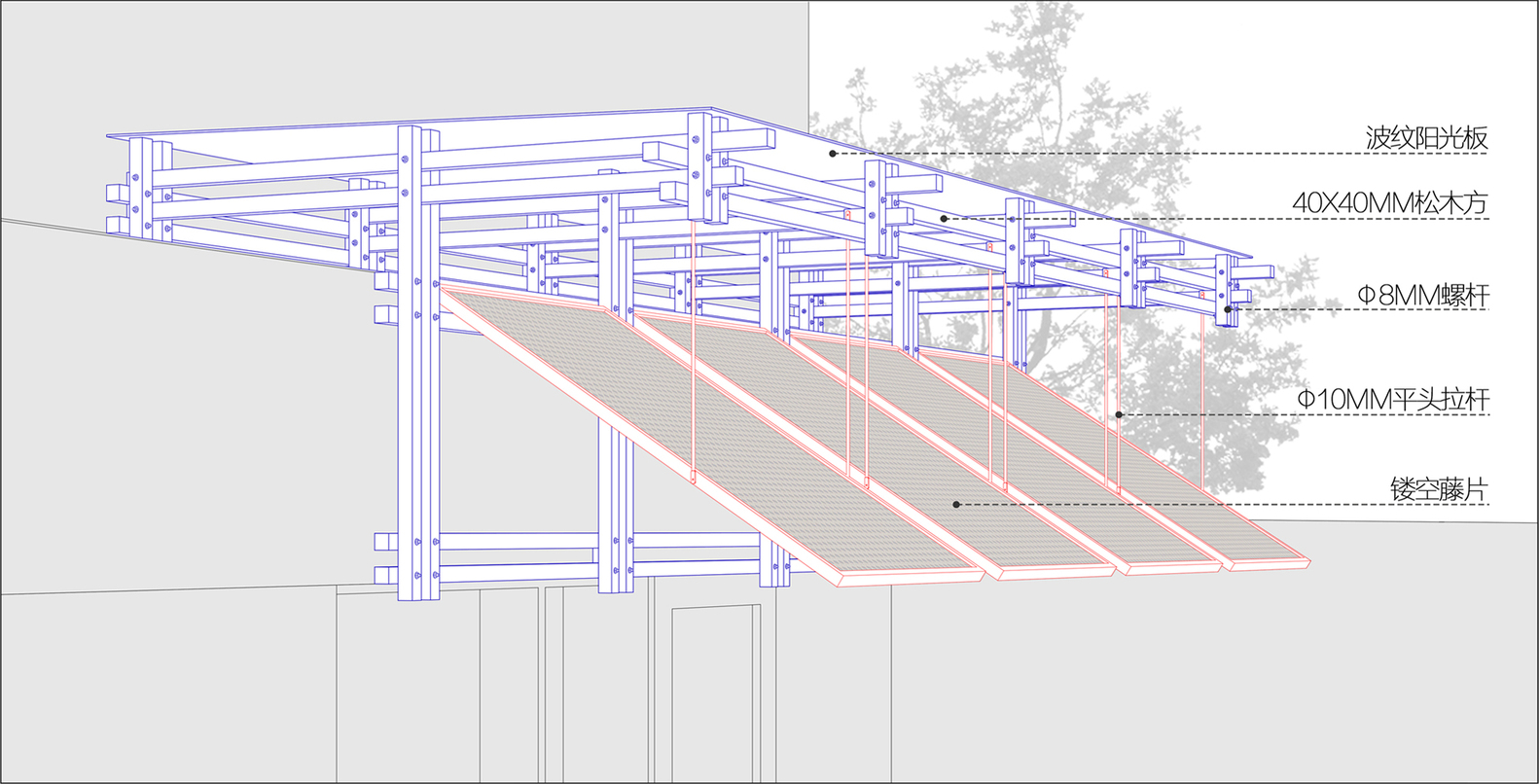 Section drawing showing the timber frame structure with angled shade panels and plantings