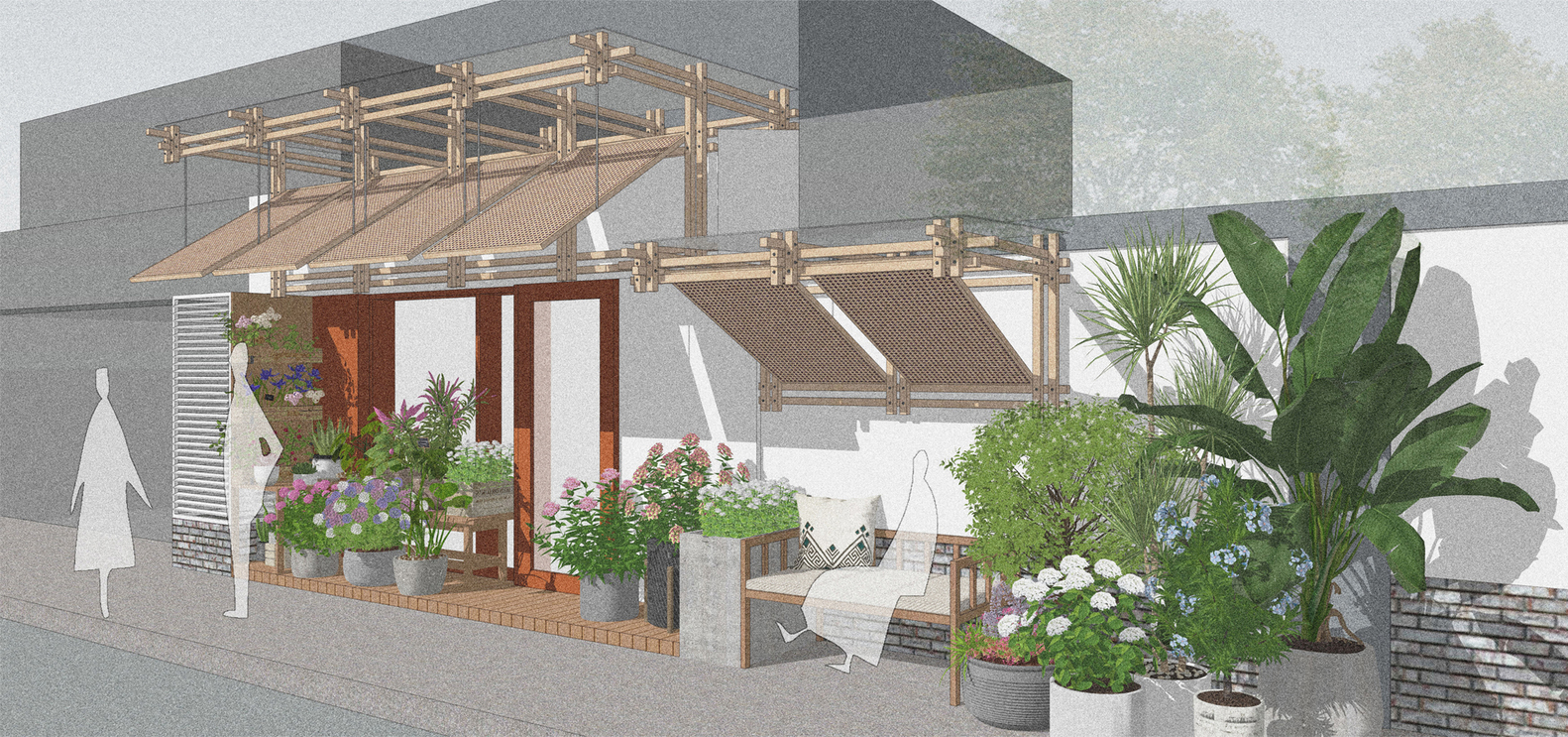Axonometric view of the covered terrace with timber canopy, retractable screens and potted plants