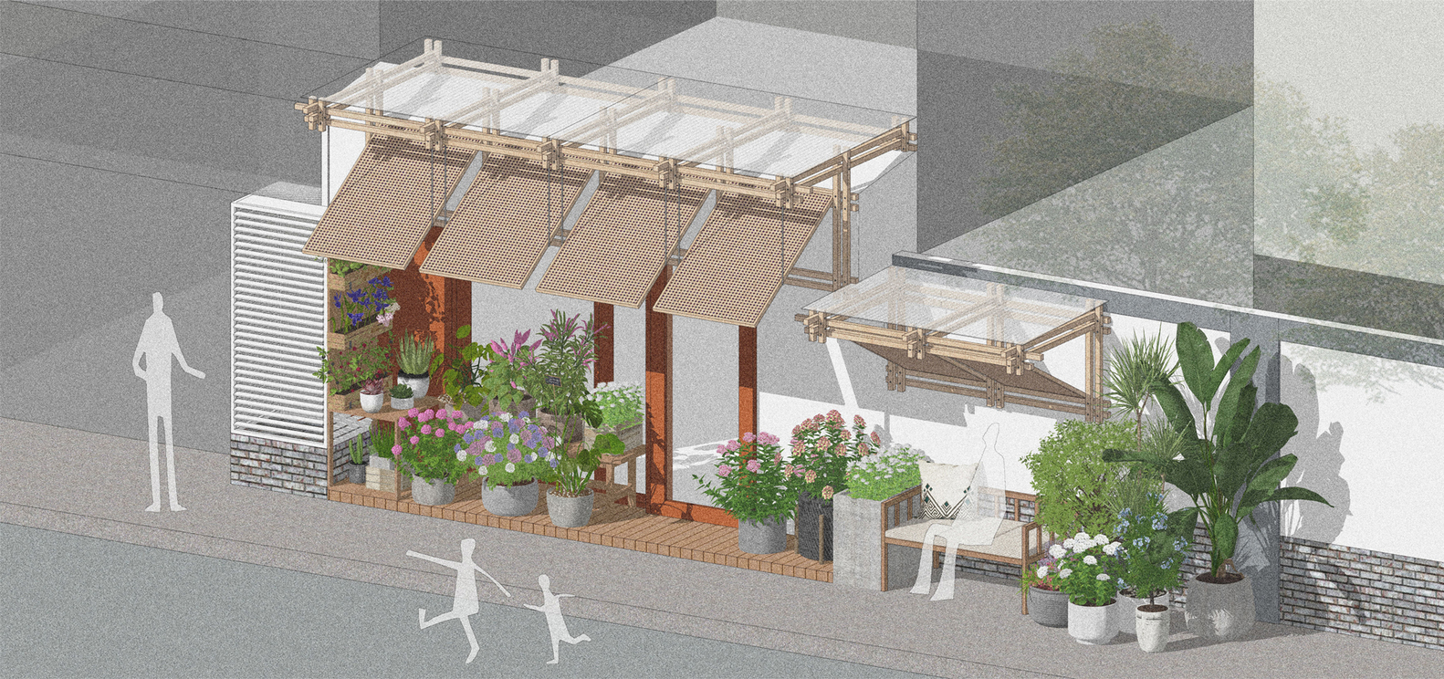 Aerial axonometric drawing showing the pergola system with planted terrace and pedestrian figures