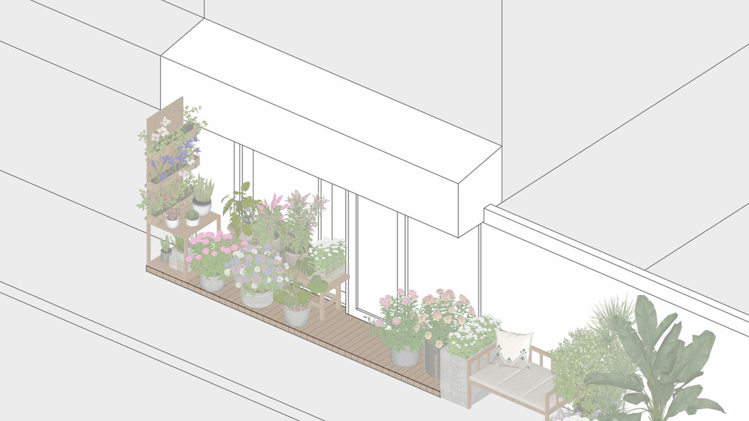 Isometric cutaway view of the planted balcony with hanging pots and glazed enclosure