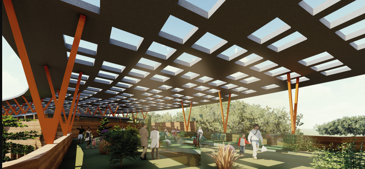 Rendering of the covered plaza with angled orange columns supporting a latticed roof canopy with visitors strolling beneath