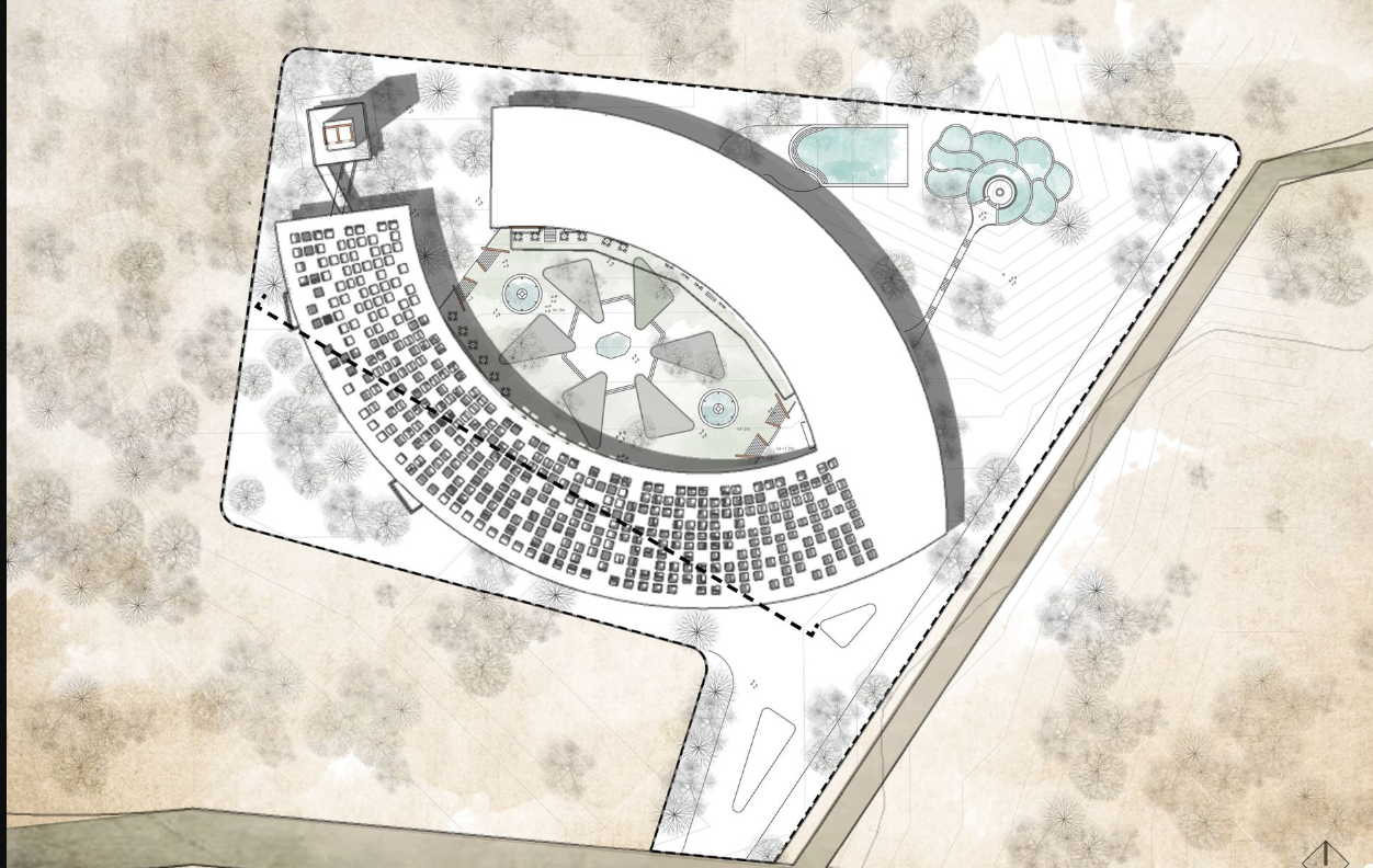 Site plan drawing showing the ring-shaped building with a central courtyard and surrounding grid of parking spaces