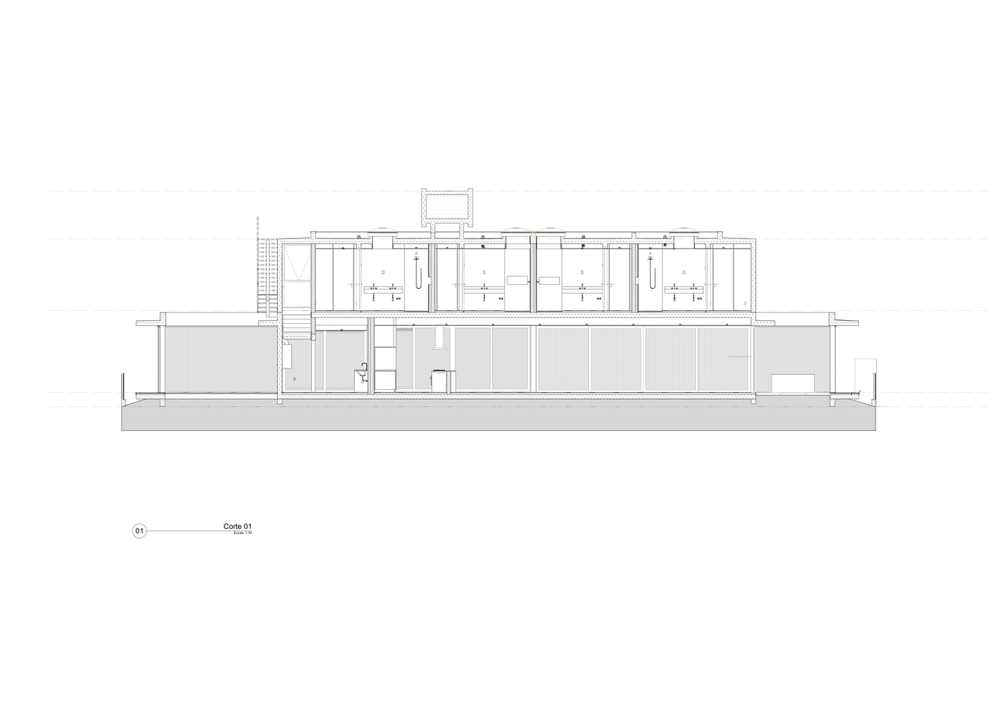 Section drawing showing two-story structure with clerestory and stepped interior volumes