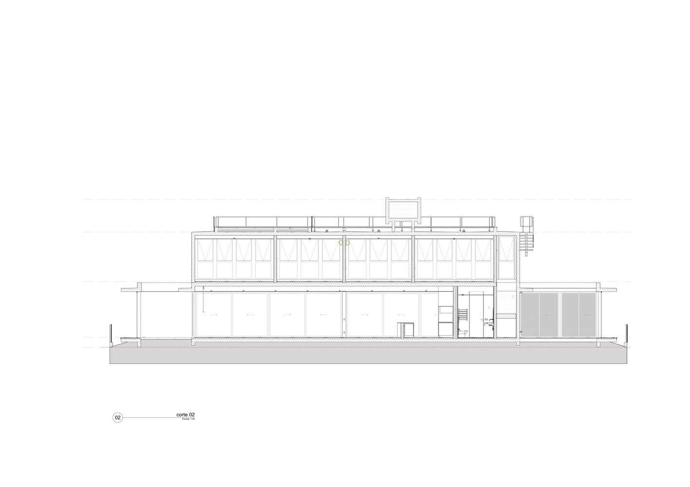 Elevation drawing showing a two-story structure with clerestory windows and an exterior stair