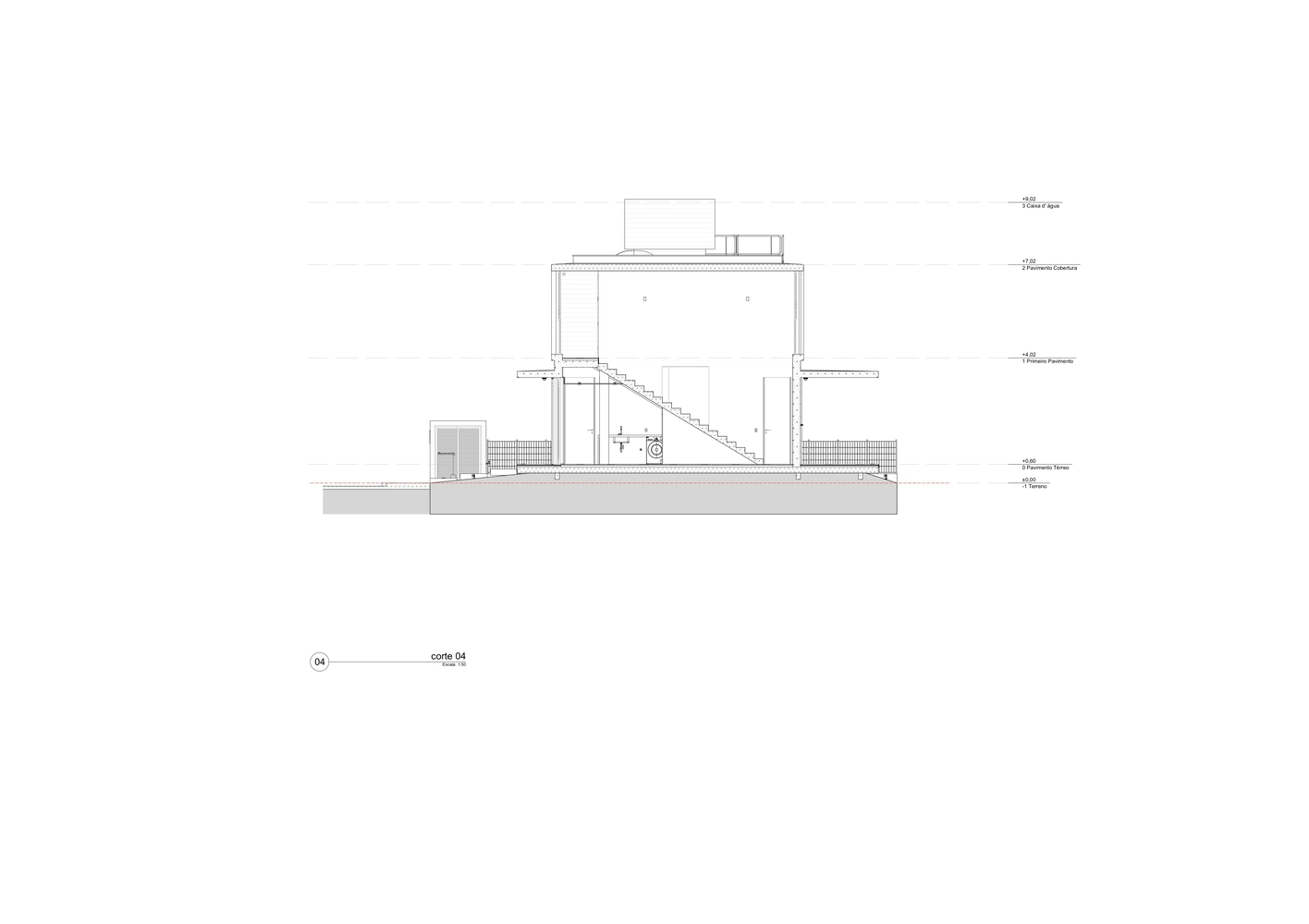 Section drawing revealing a diagonal staircase connecting ground level to an upper volume