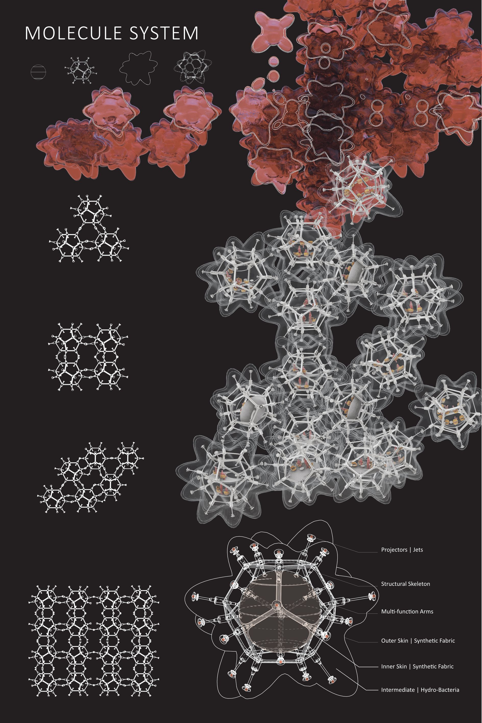 Diagram showing molecular assembly system with translucent coral-toned and white cellular geometries on black background