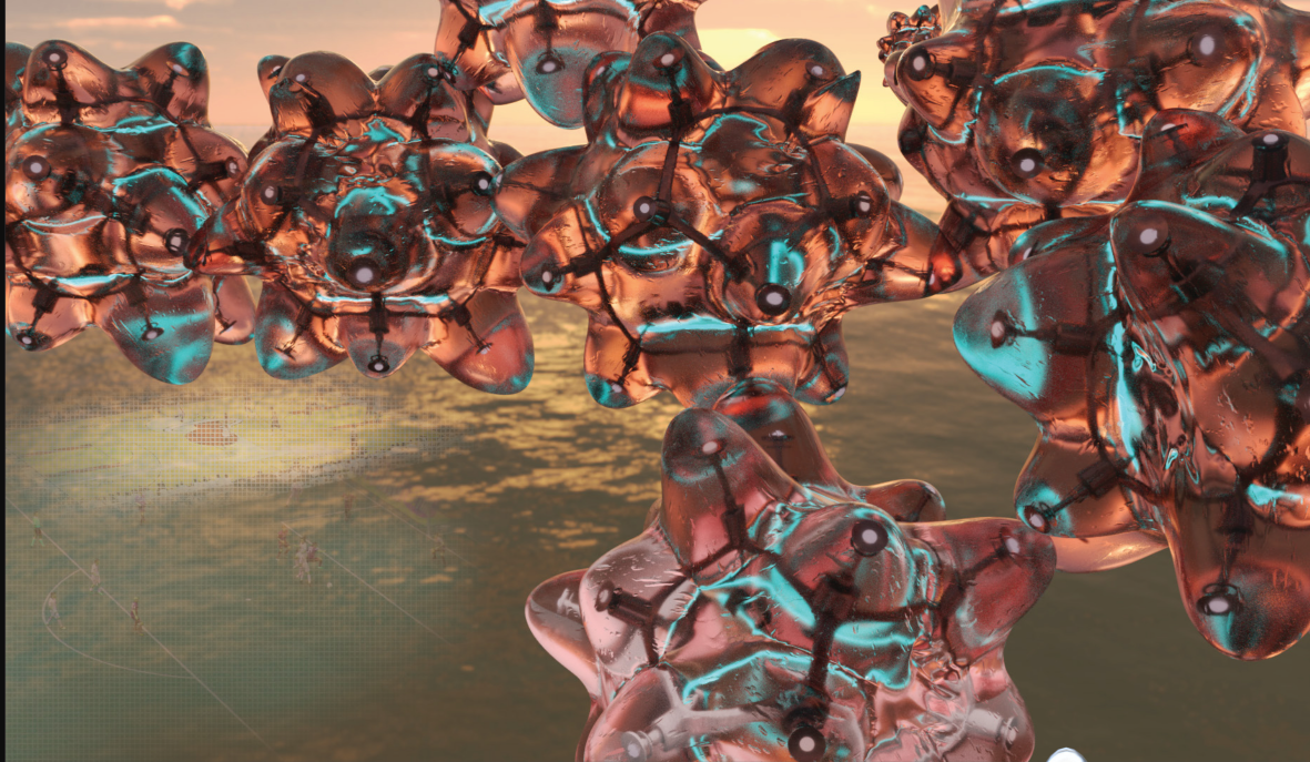Close-up of copper and turquoise translucent modules forming a branching cluster at sunset
