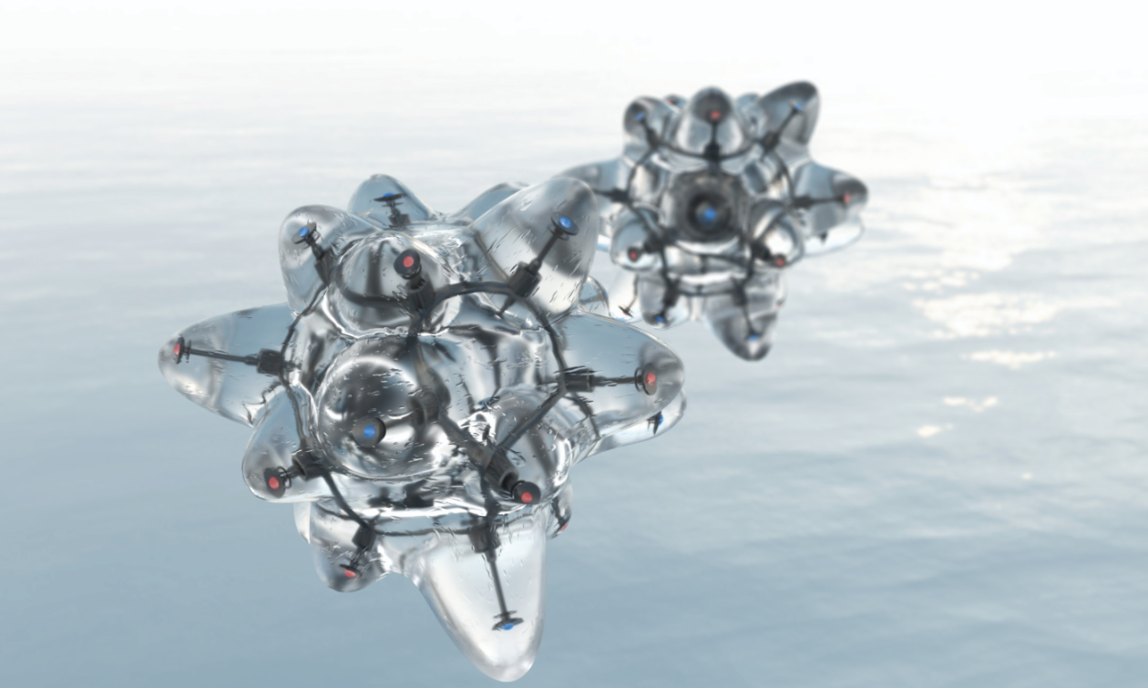 Two metallic silver modules floating above calm water with cloudy sky in the background
