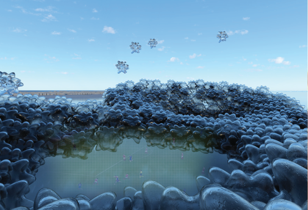 Wide view of modular blue structure forming a lagoon with scattered units floating above