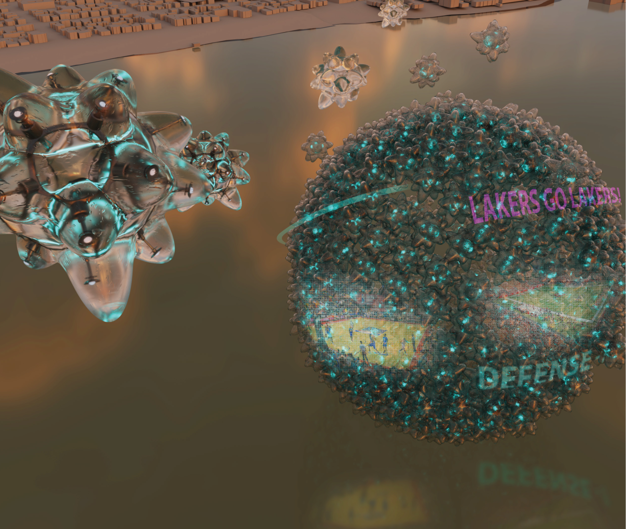 Aerial view of translucent turquoise and brown clustered modules suspended above a model landscape