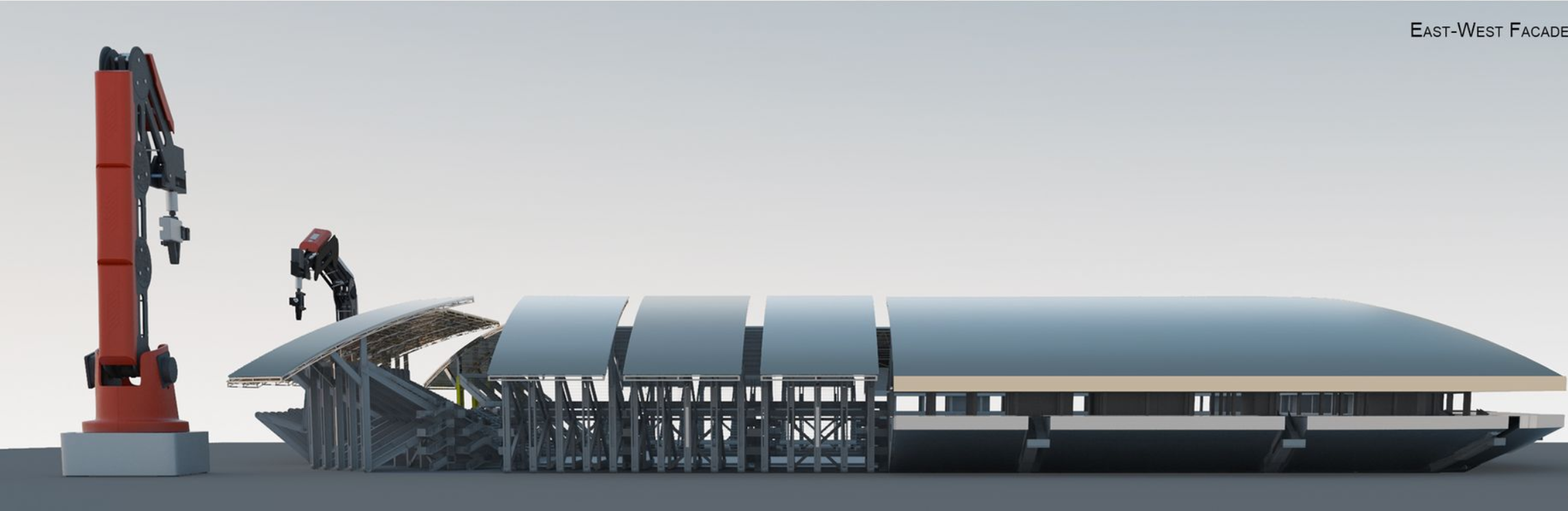 East-West Facade View – A sleek, modern stadium exterior showcasing its transformative design.
