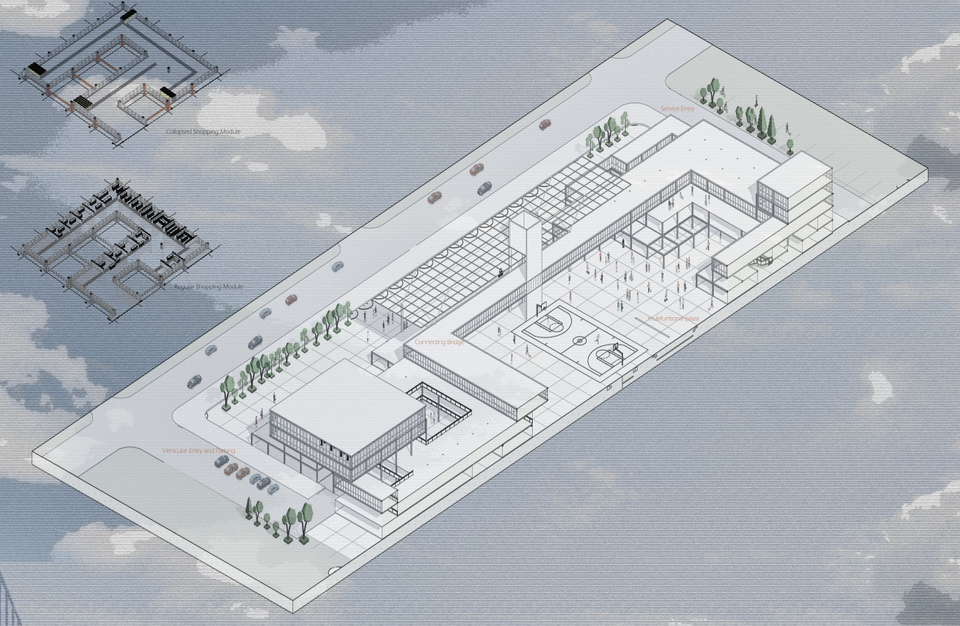 Futuristic Retail Concept – A bird’s-eye view of the adaptive retail hub with modular structures.