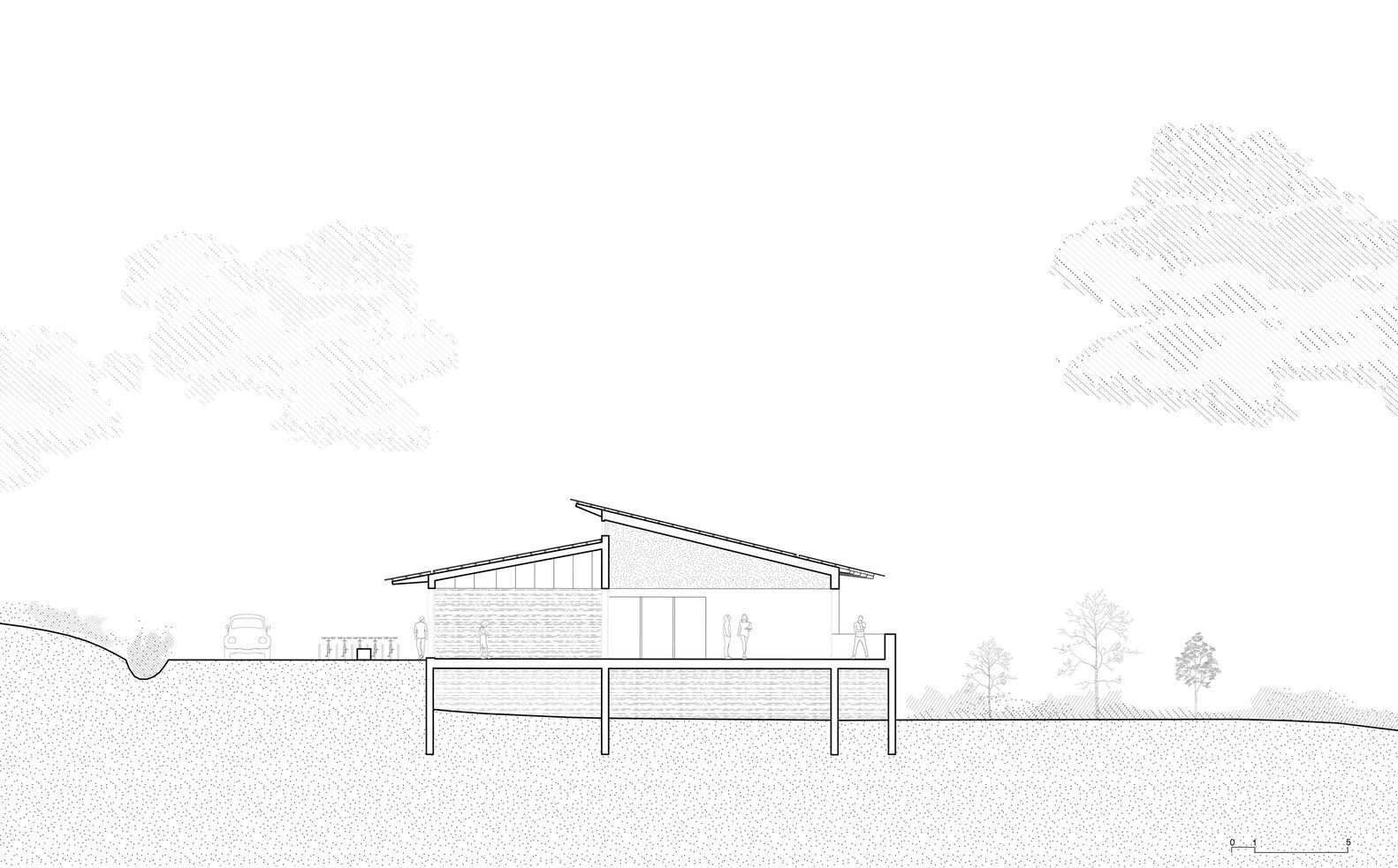 Section drawing showing sloped roof structure set into gentle hillside terrain with trees