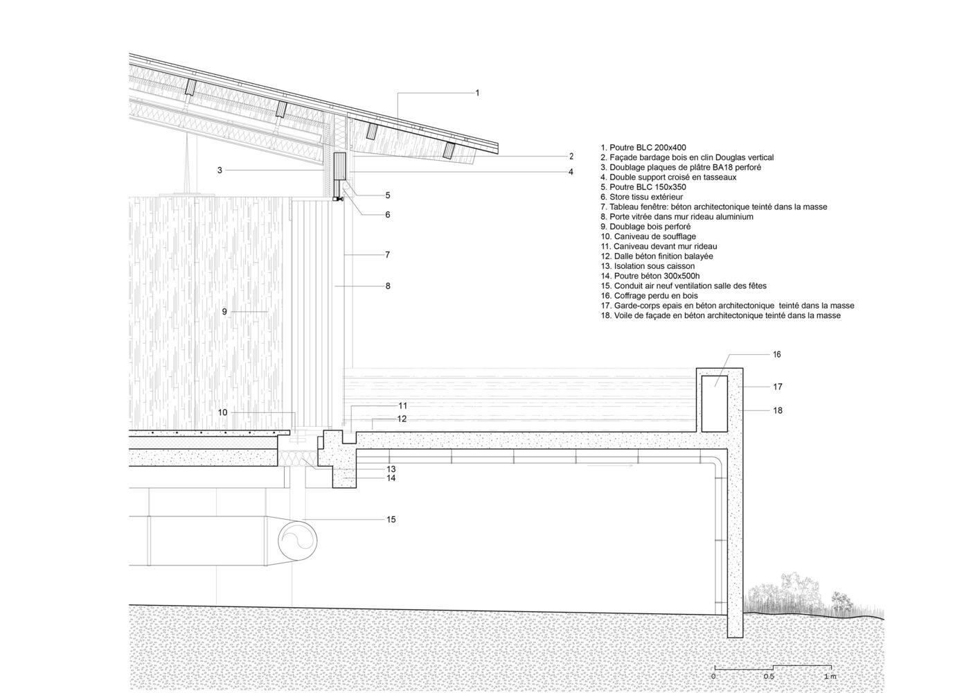 Section drawing showing sloped roof assembly with insulation layers above a timber-lined interior wall