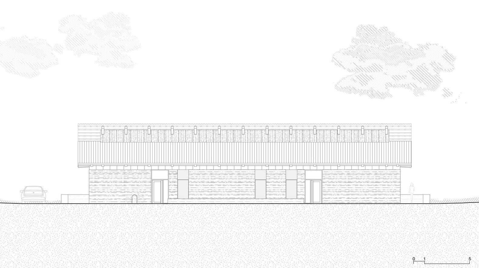 Elevation drawing showing horizontal stone base with vertical timber cladding and clerestory windows under clouds