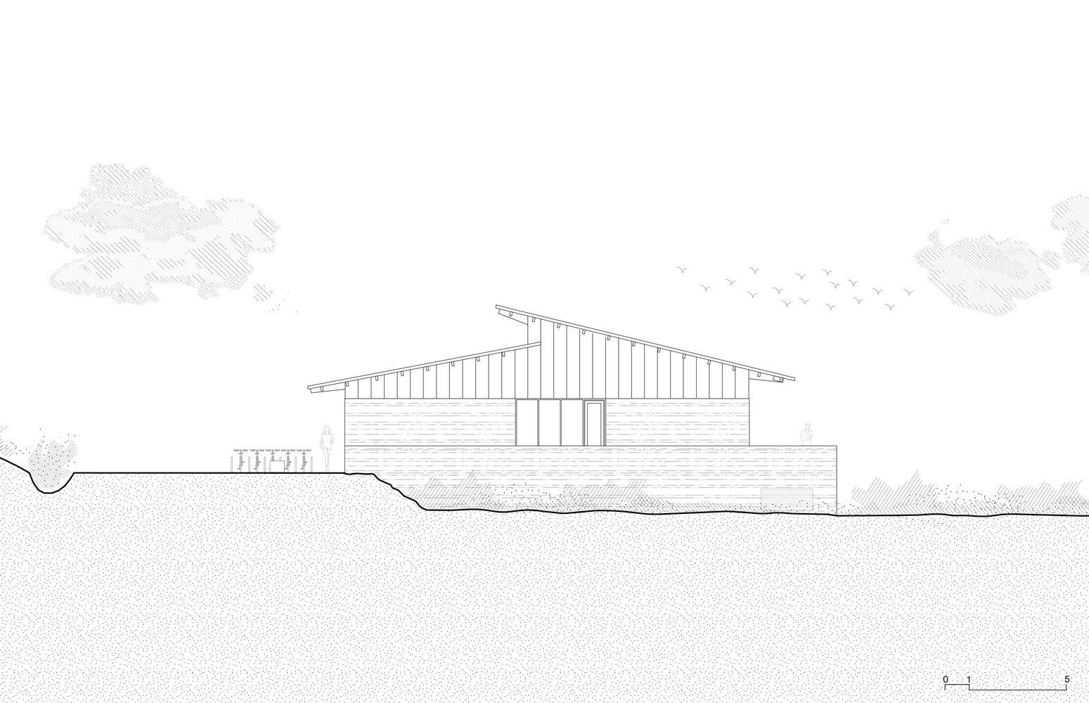 Elevation drawing showing gabled roof with vertical siding above stone plinth on sloped terrain
