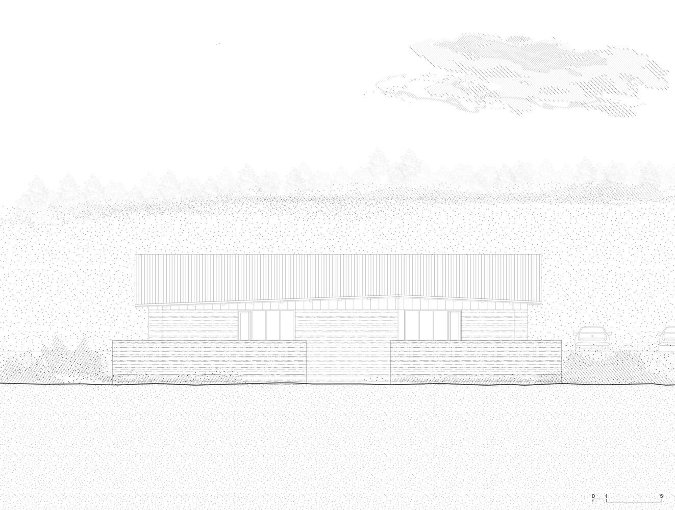 Elevation drawing showing low-pitched roof over stone and timber facade with sketched clouds above